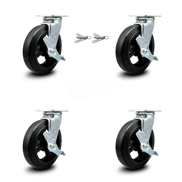 Service Caster 8 Inch Rubber on Steel Caster Set with Roller Bearings 4 Brake 2 Swivel Lock SCC SCC-30CS820-RSR-TLB-BSL-2-TLB-2 - main